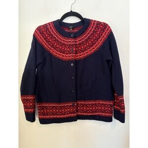 Talbots Women Navy Blue‎ Red Fair Isle Lambswool Blend Knit Button Cardigan MedP